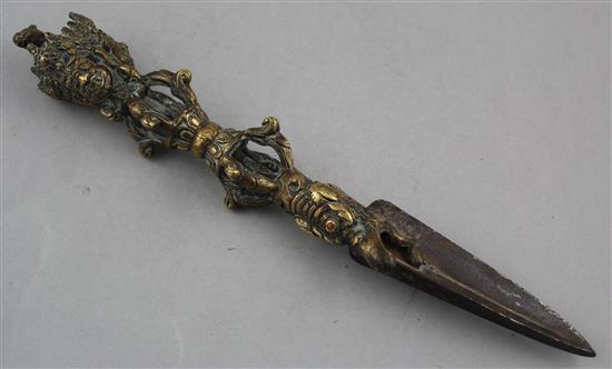 A bronze Tibetan ritual phurba dagger, 11in.